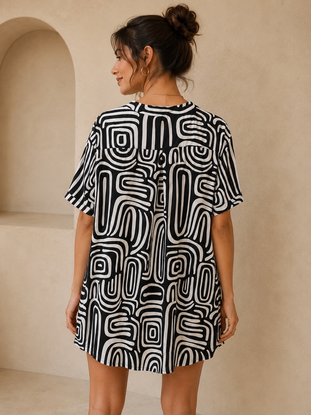 Uncle Frank Black and White Abstract Print Boho Tunic Linen Blend Shift Dress - Picture 2 of 6